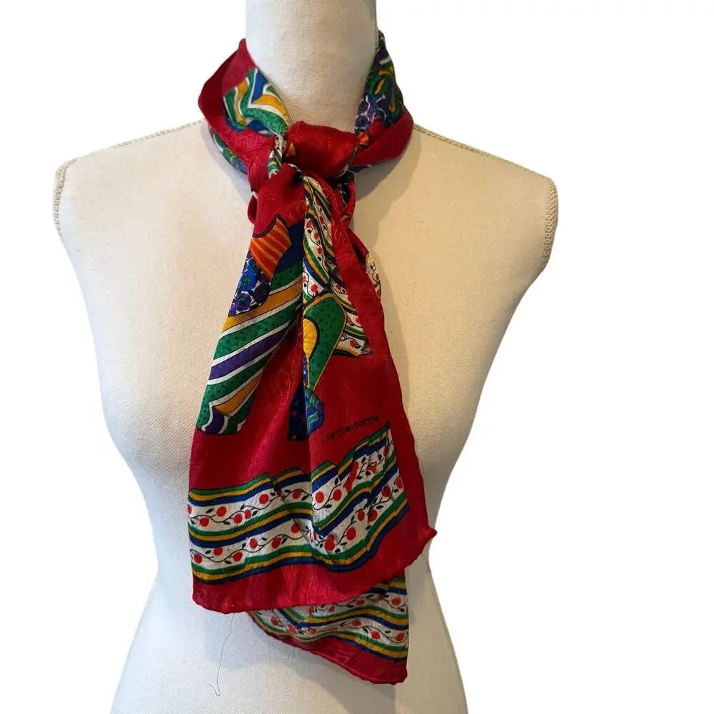 Vintage Liz Claiborne Vibrant Colorful Silk Rectangular Neck Scarf *Spots